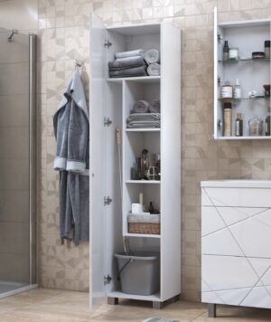 Пенал Geometry 450, 45 см, напольный, цвет белый, 1 дверь, 4 полки, отделение для швабры, в разобранном виде — изображение 6
