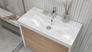 Комплект тумбы навес. GESSO 800-0-2 (2 ящика) белый/дуб сонома,  с умыв. 9696 — изображение 7